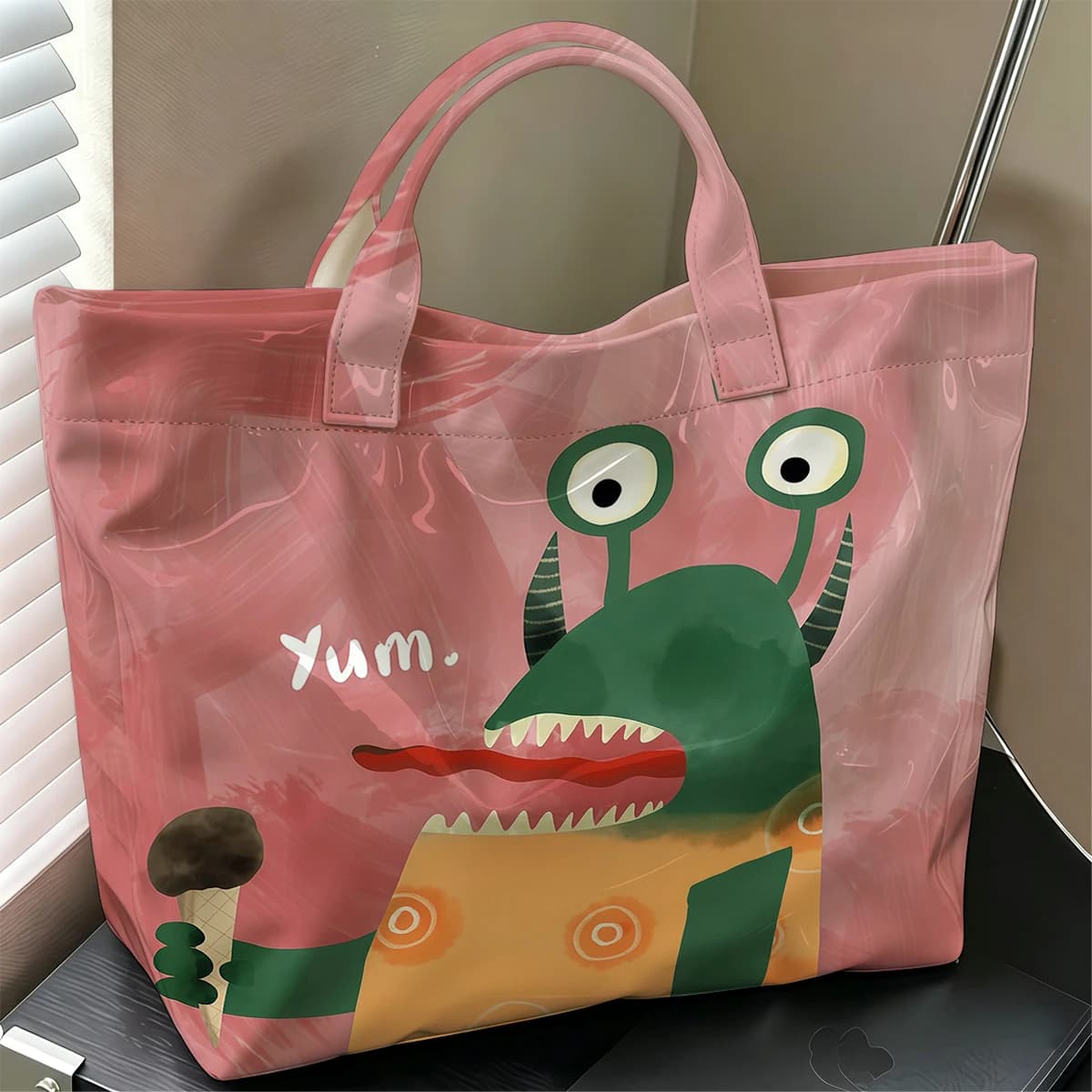 Funny Monster Cute Large Glossy PVC Tote Bag Hand Washable Lightweight Soft Great for Travel Commute Makeup Storage Handbags
