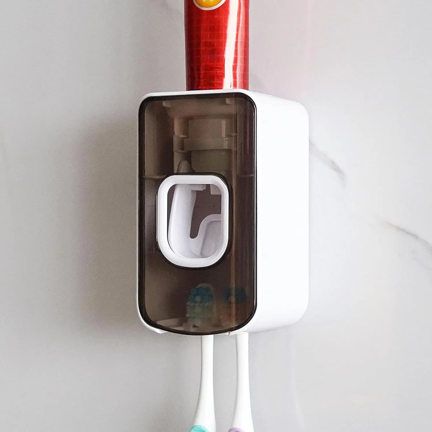 Portaspazzolini a 2 scomparti con dispenser automatico di dentifricio da parete, organizer 2 in 1 per spazzolini e dentifricio