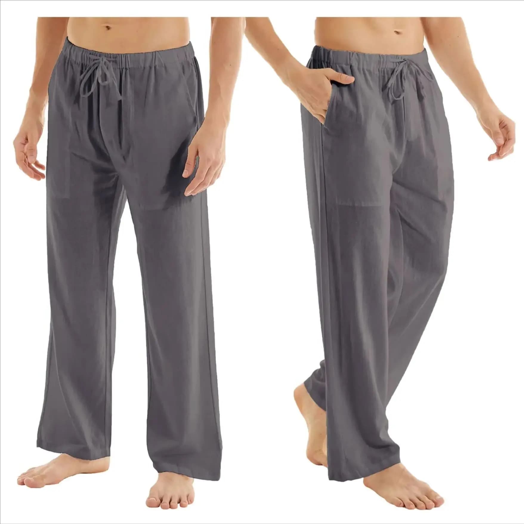 Pantaloni da Yoga Casual in Lino e Cotone per Uomo, Traspiranti, Larghi, da Spiaggia, con Vita Elastica, per Fitness