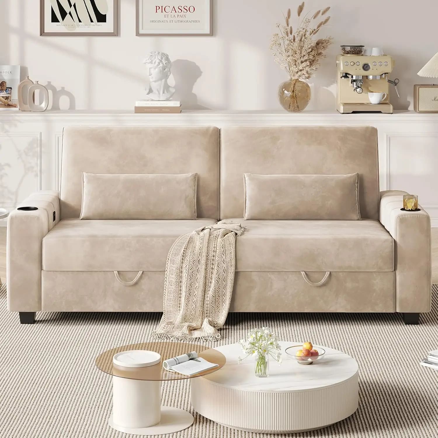 Loveseat Sofa, Velvet Fabric Couch 75/88 Inch with Storage, Cup Holder, Charging Ports, Heightened Backrests, Removable Cover Easy Assembly