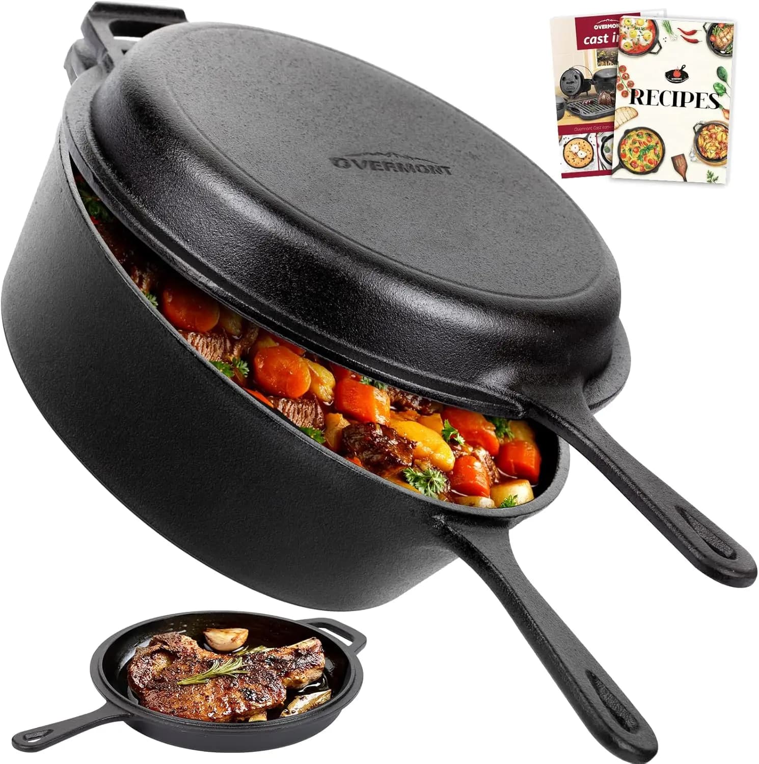 Pentola Olandese in Ghisa con Coperchio - Pentola Profonda e Padella 2-in-1, 3.2QT, Pretrattata per Griglia, Fornello e Campeggio