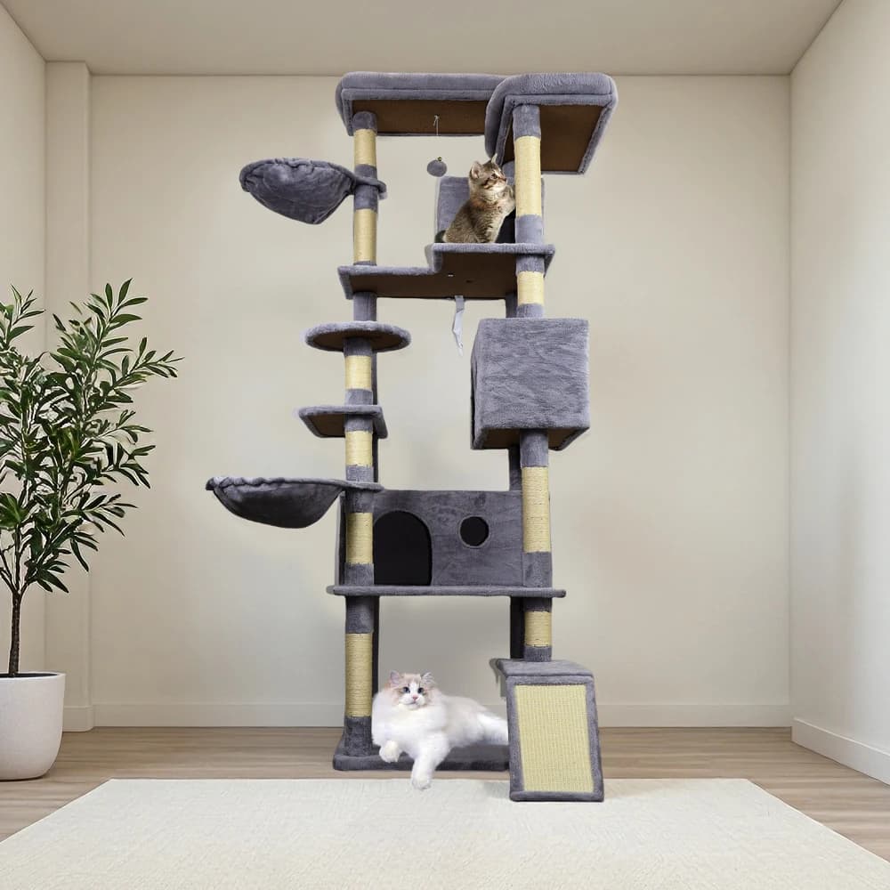 Ye 84.6 in Dark Gray Cat Tree Tower with Wide Base, 3 Large Hiding Condos, 11 Sisal Scratching Posts, Sisal Scratching Ladder, 2 Hammocks, Large Top Platform, Multiple Landing Perches and Interactive Toy