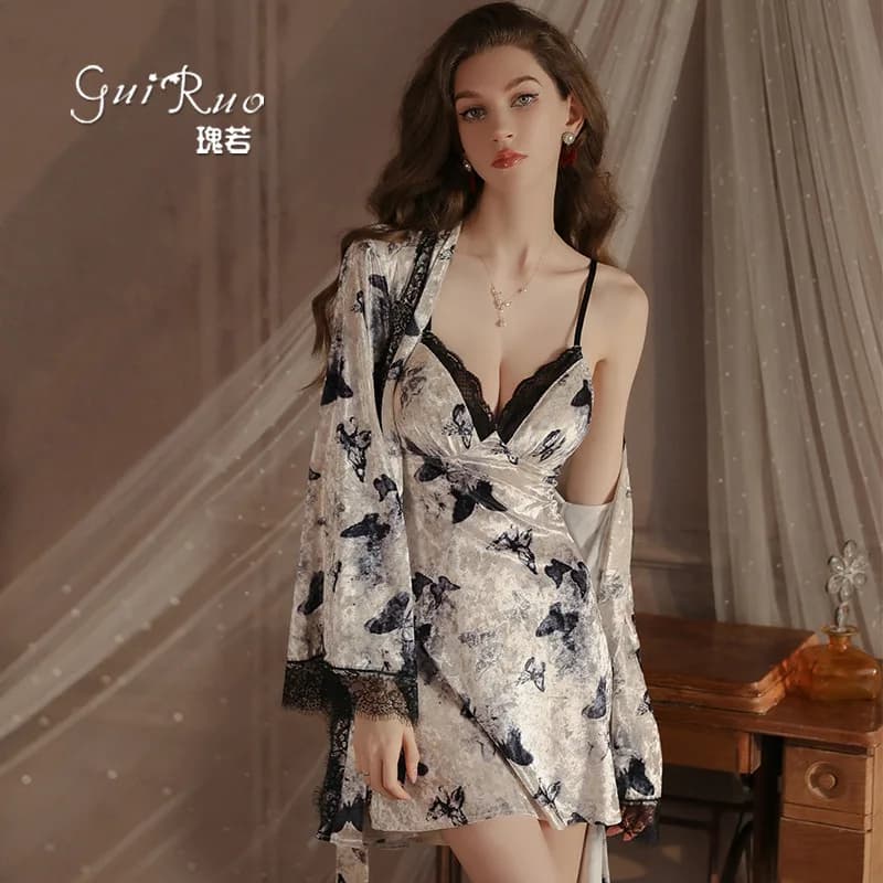 Pigiama scollato Hot Deep V Sexy Pettorina Reggicalze senza schienale Camicia da notte Abito Abito di grandi dimensioni