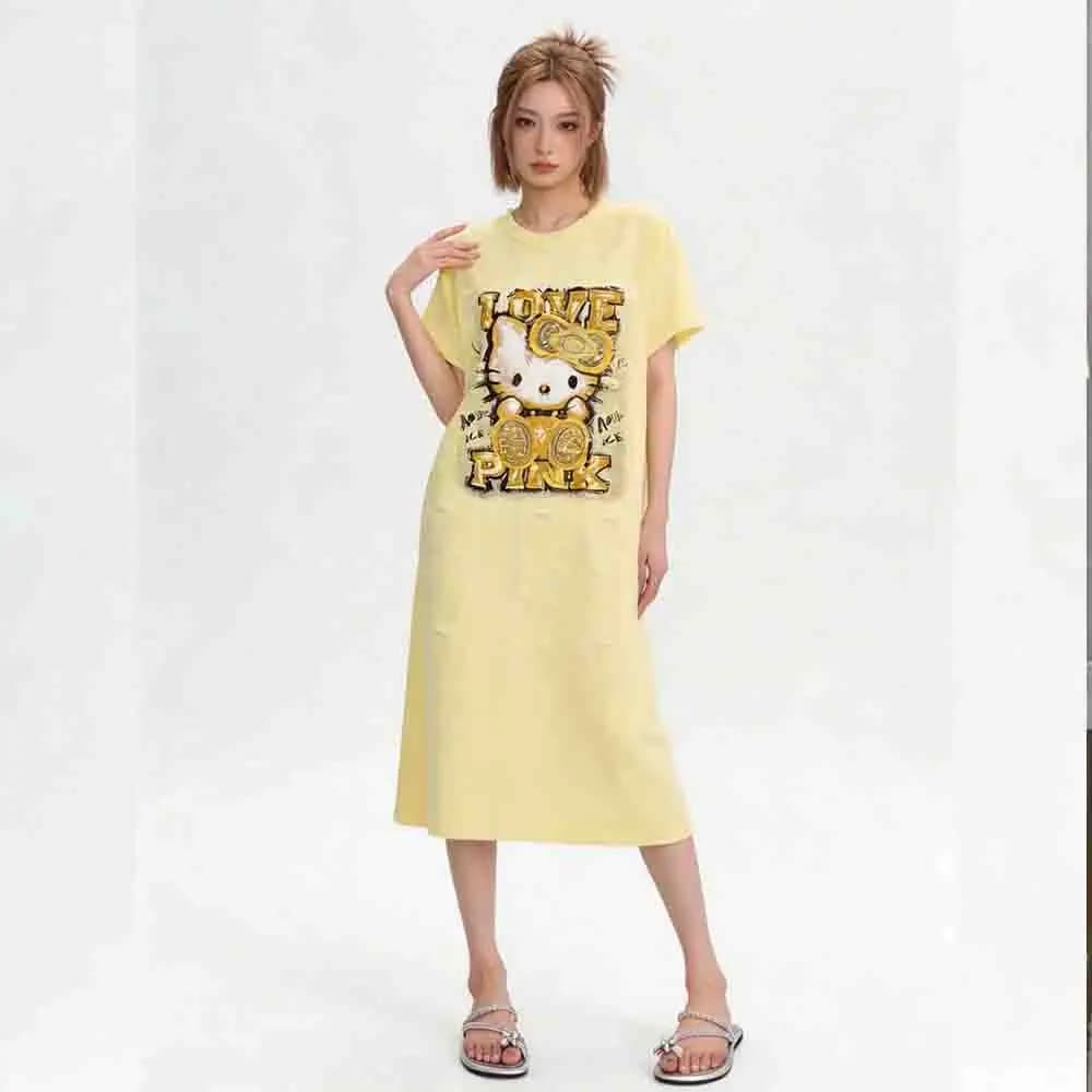 Hello Kitty Women's Pajamas Cute Kawaii Cartoon Short Sleeved Nightgown Summer New Thin Loose Comfortable Fashionable Home Wear