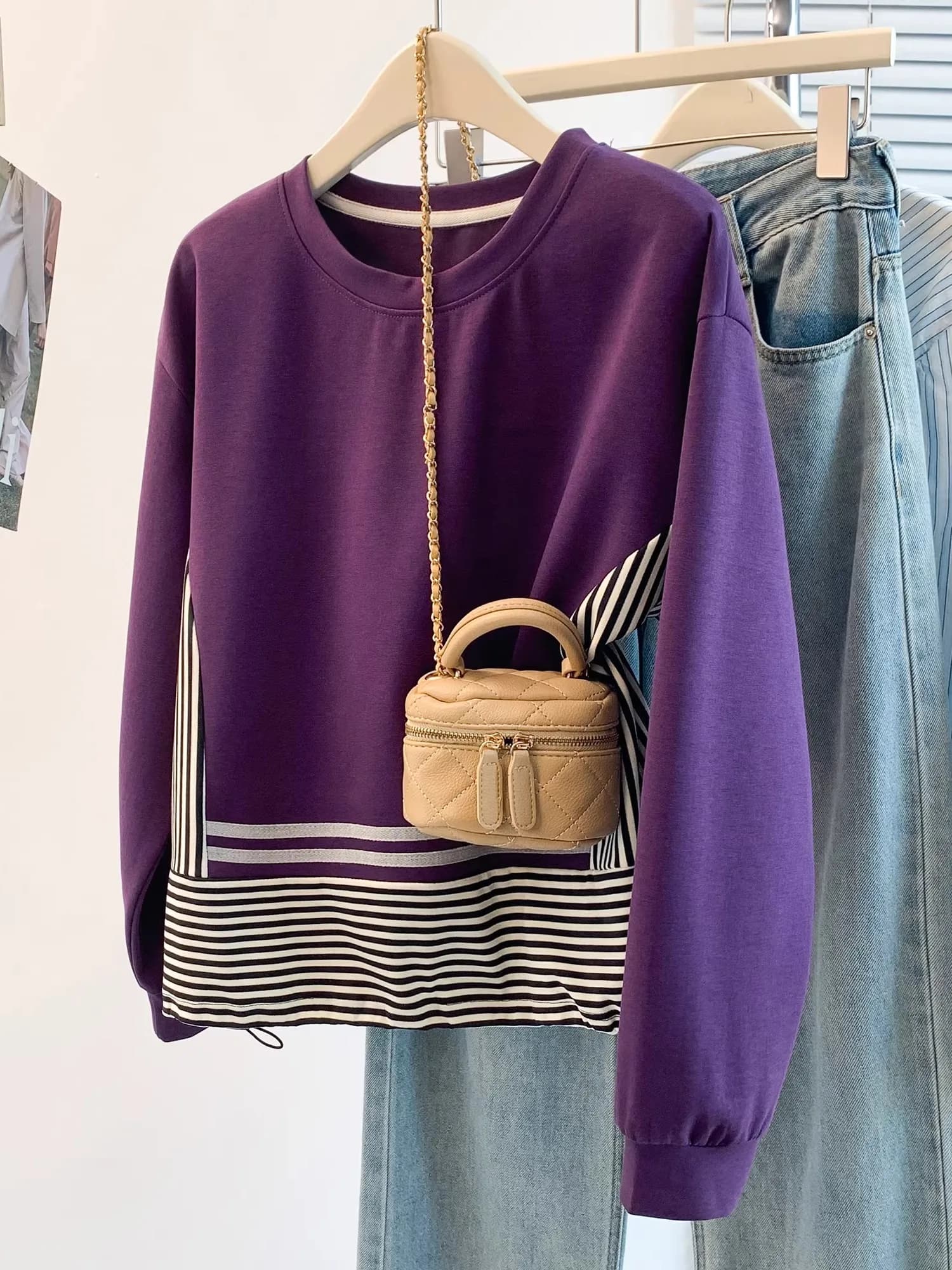Casual Loose Women's Long Sleeve Hoodie Purple Stripe Splicing Autumn Winter Slimming Versatile Top Trendy European Style
