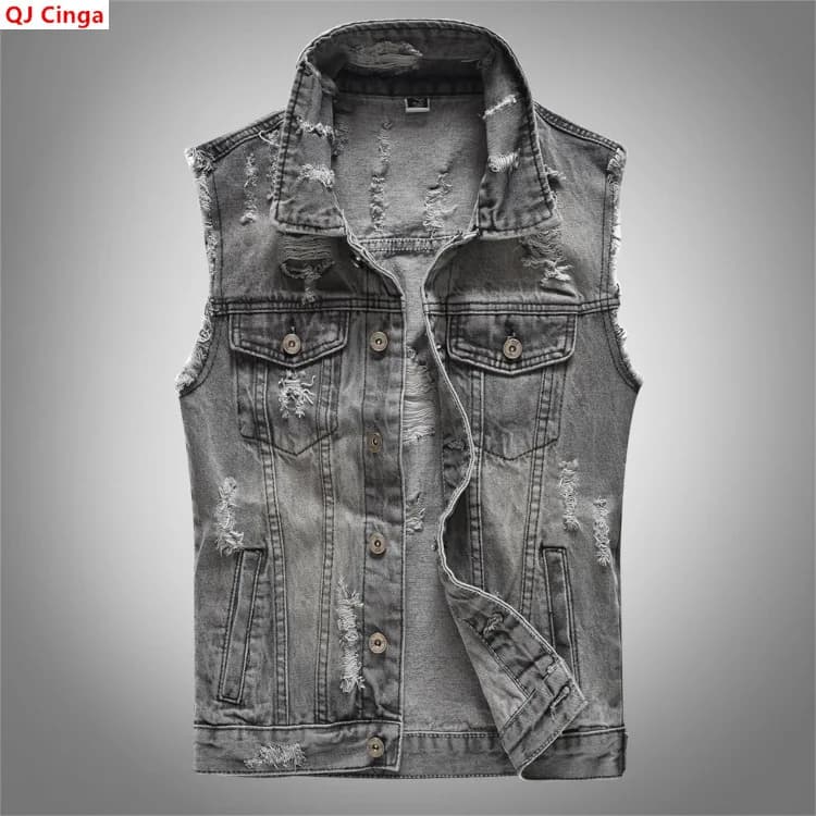 Men's Gray Sleeveless Vest Coat for Fall, Denim Jacket with A Lapel and Distressed Details. Asian Sizes M-5XL 6XL