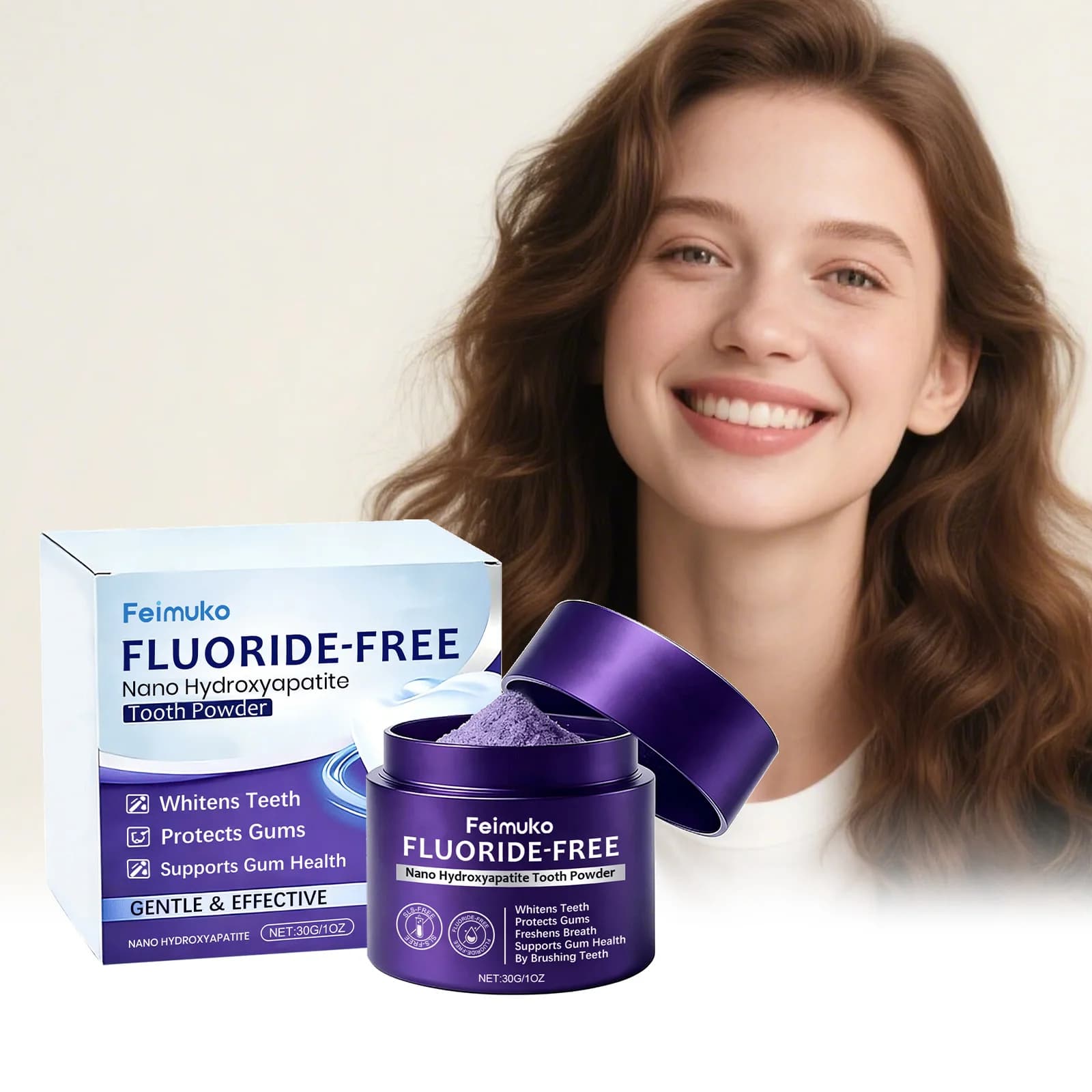 Toothpaste powder violet to hydrossiapatitis for teeth cleaning, oral care, fresh breath, mint taste, gentle formula, daily use