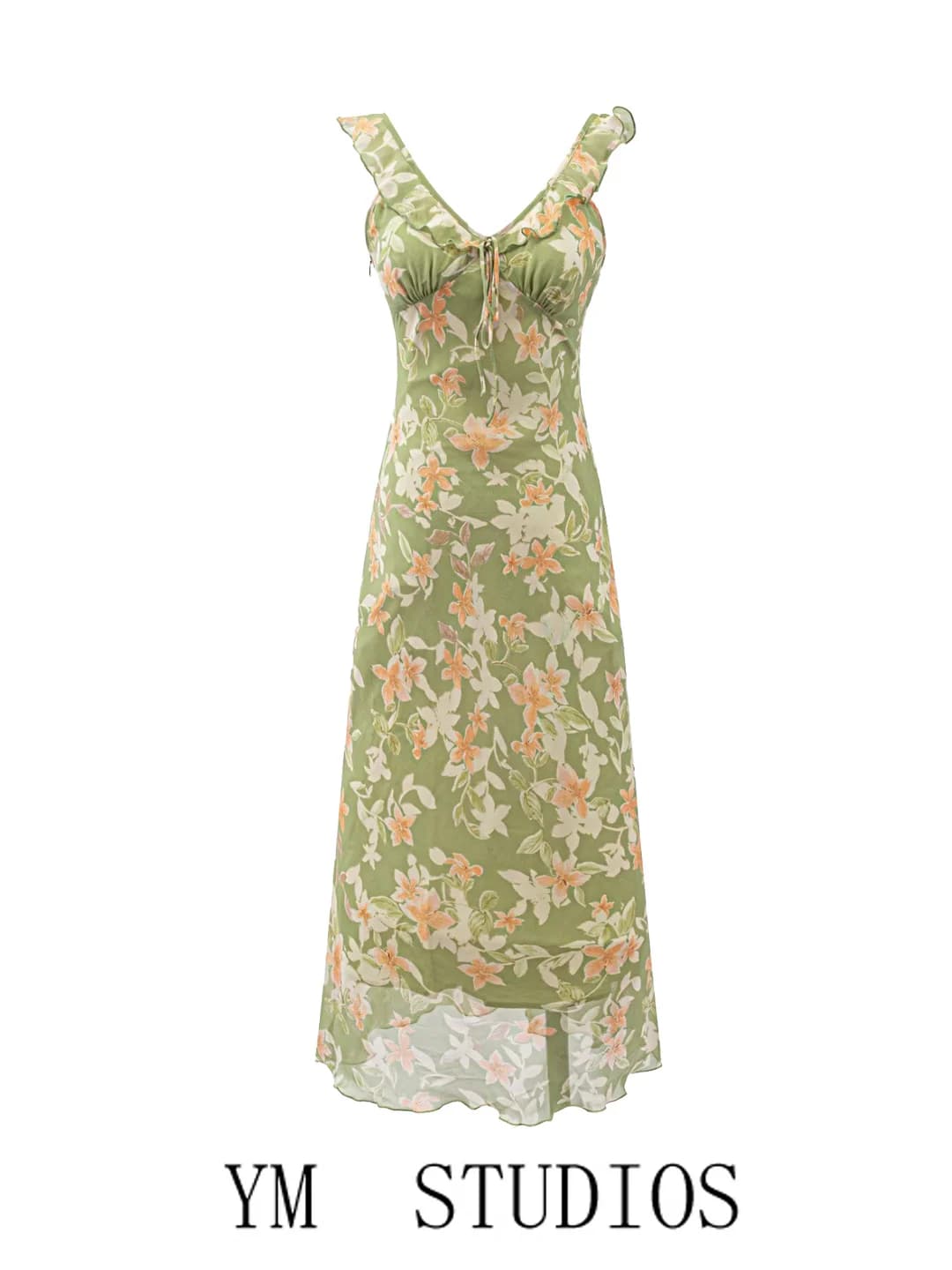 Vacation Style Floral Print Women's Dress Green Slimming Strap Long Skirt V-Neck Bell Sleeve Polyester Fabric Summer 2026