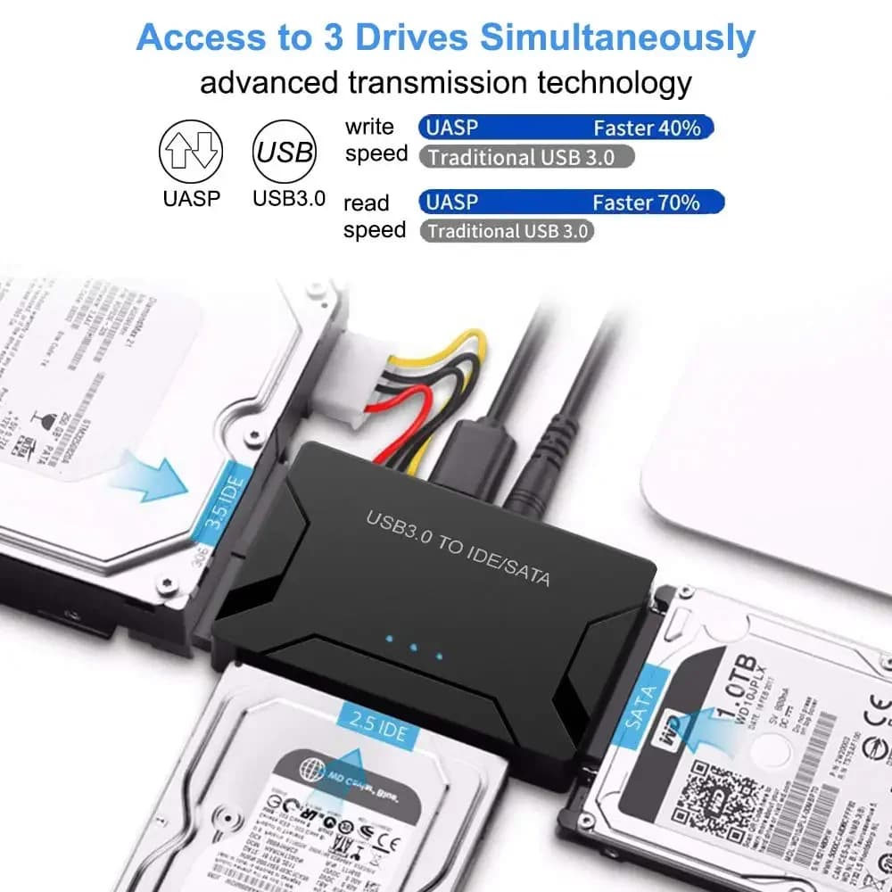 Adattatore cavo USB 3.0 a SATA IDE 3 in 1 Convertitore SSD/HDD esterno Supporto disco rigido da 2,5/3,5 pollici per PC/Macbook
