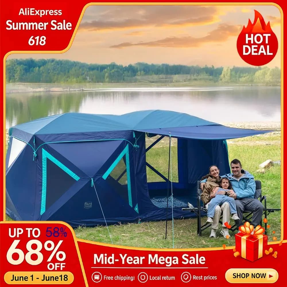 Instant Pop Up Cabin Tent, Easy 60 Second Setup, Weather Resistant Camping Family Hub Tent with Rain Fly and Carry, Custom