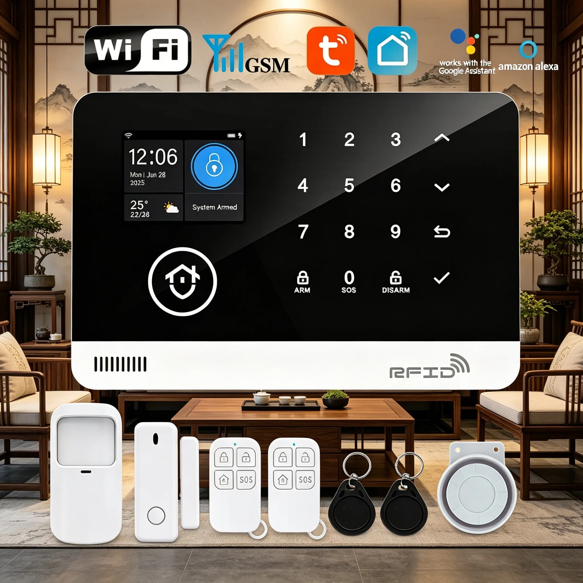 Kit sistema di allarme di sicurezza domestica Tugard WiFi GSM, funziona con Alexa, sirena da 120 dB, sensore di movimento, telecomando