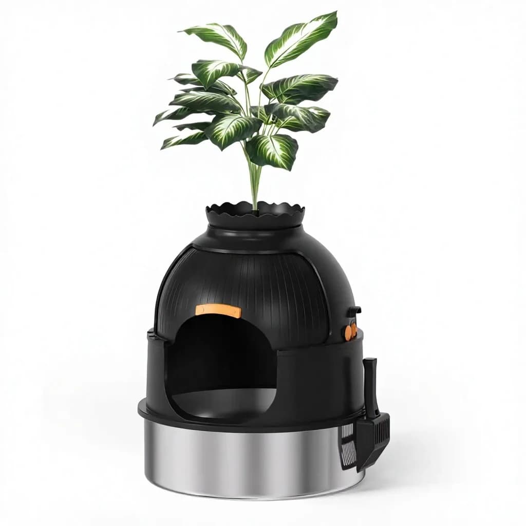 New 10 Online Cat Litter Box Round 53L with Leak & Odor Control Stainless Steel Base Easy Clean Toilet Artificial Plants