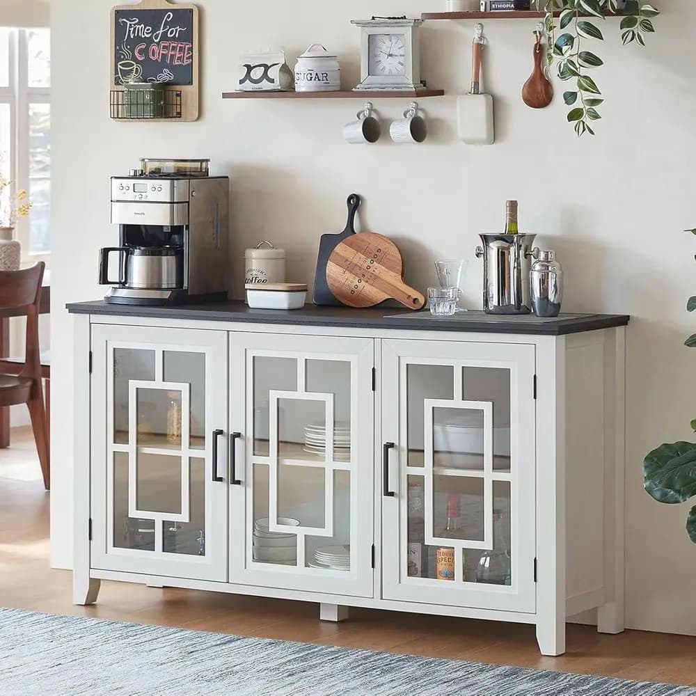 Credenza Contemporanea Bianca da 55 Pollici con Ante in Vetro, Vano Portaoggetti e Portabottiglie per Cucina e Sala da Pranzo