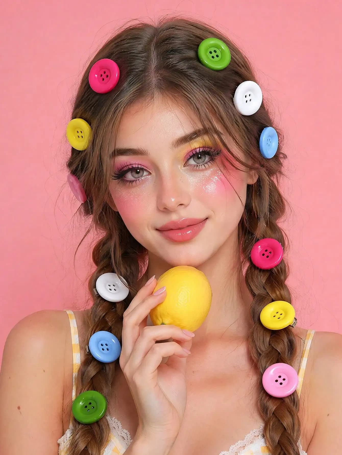 6pcs/12pcs Women's Candy Color Large Round Button Hair Clips Y2K Cute Dopamine Bright Color Single Button Side Clips