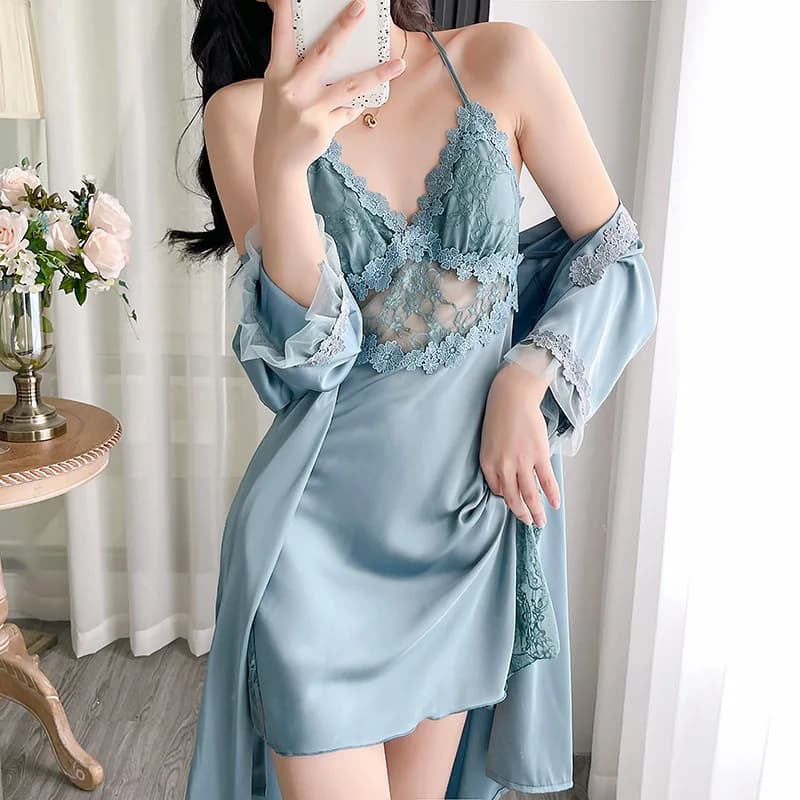 Sexy Lace Trim Abito da sposa Camicia da notte Set Primavera Estate Femael Kimono Accappatoio Abito da notte Allentato Casual Abito da casa Pigiama