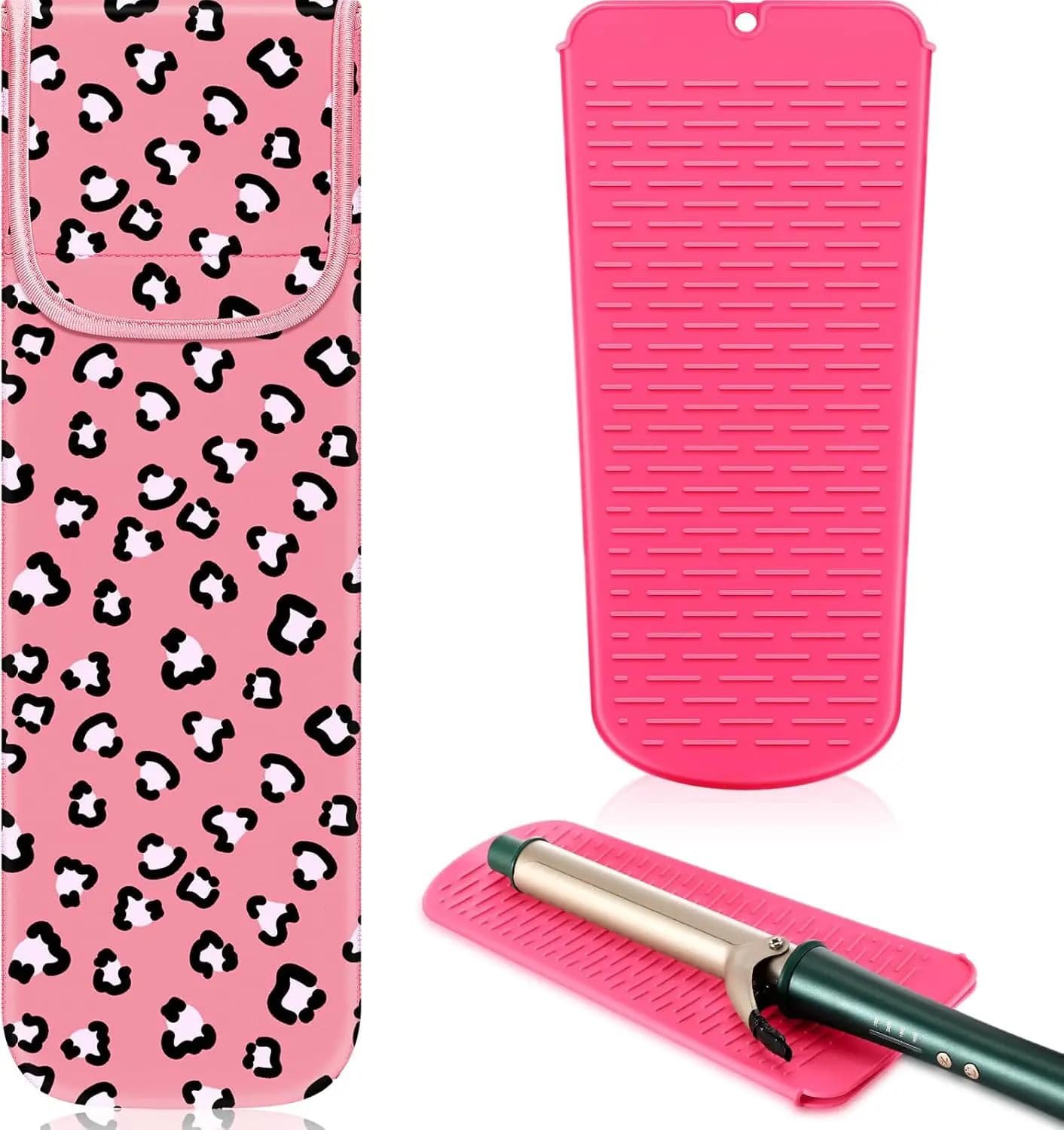 Set da Viaggio per Strumenti per Capelli Resistenti al Calore e Custodia in Silicone per Ferro Arricciacapelli e Piastra (Stile Leopardato)