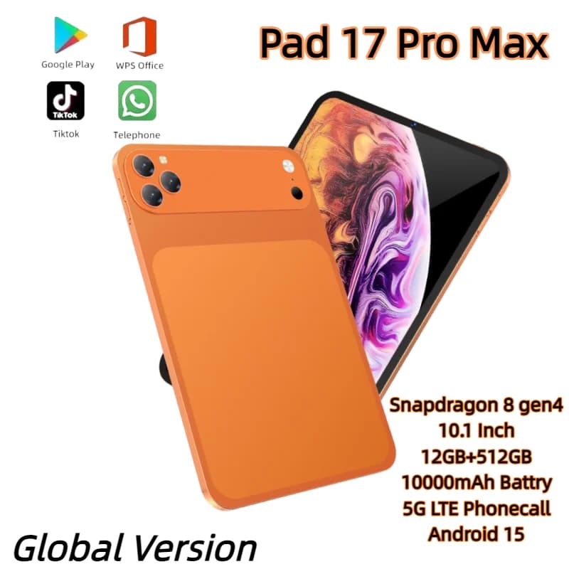 New Upgraded Pad 17 Pro Max 10.1Inch Android 15 Tablet HD Display 12GB+512GB Dual SIM Card Phone Call WiFi Google Play Tablet PC