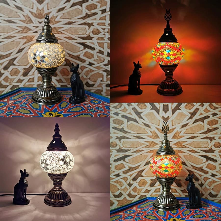 Lampada da tavolo decorativa a mosaico in stile turco, luce notturna orizzontale, atmosfera calda, materiali fai da te per mosaico fatto a mano.
