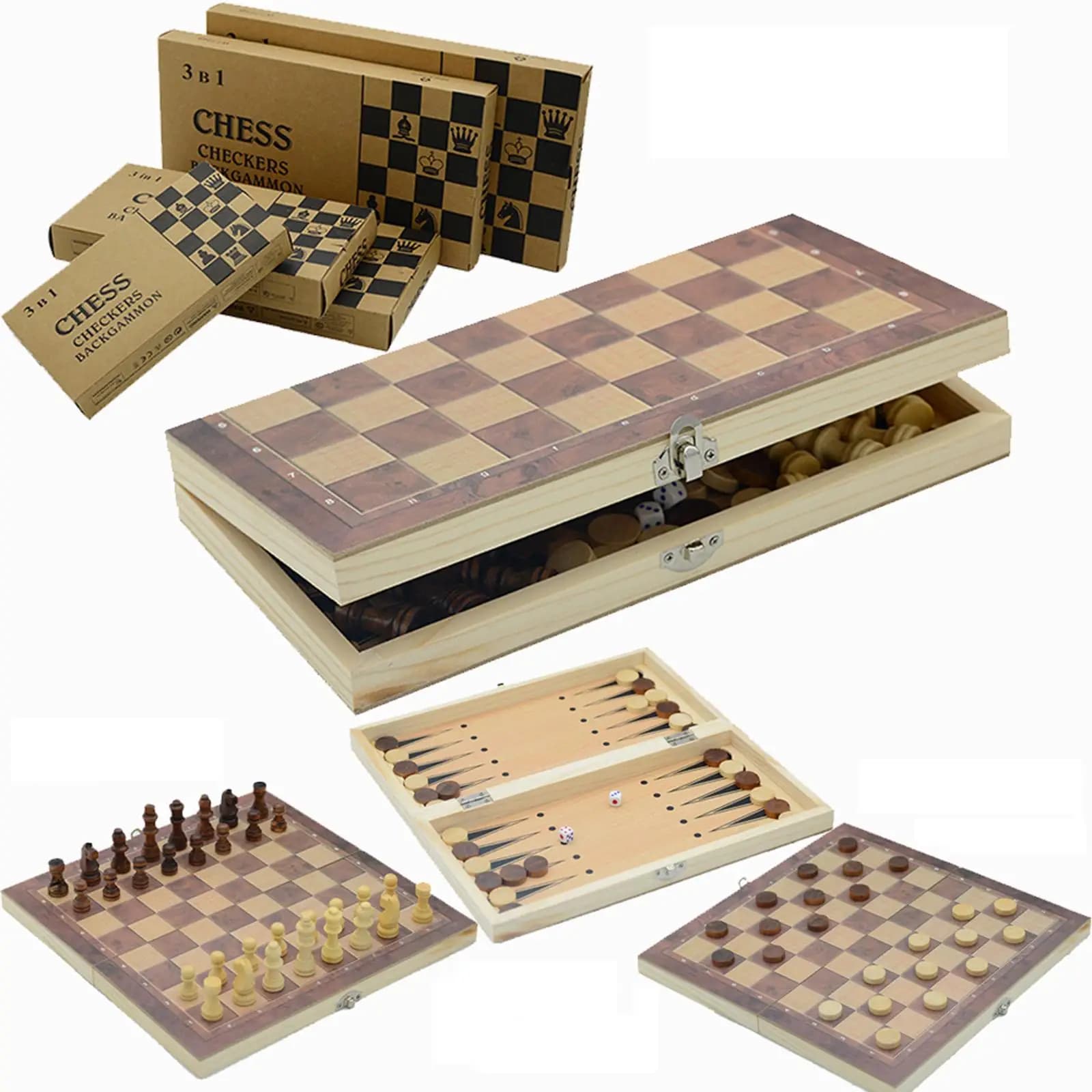 Set di Scacchi in Legno Leggero per Adulti e Bambini, 3 in 1, Giochi da Tavolo Portatili con Accessori Intelligenti e Vano Portaoggetti