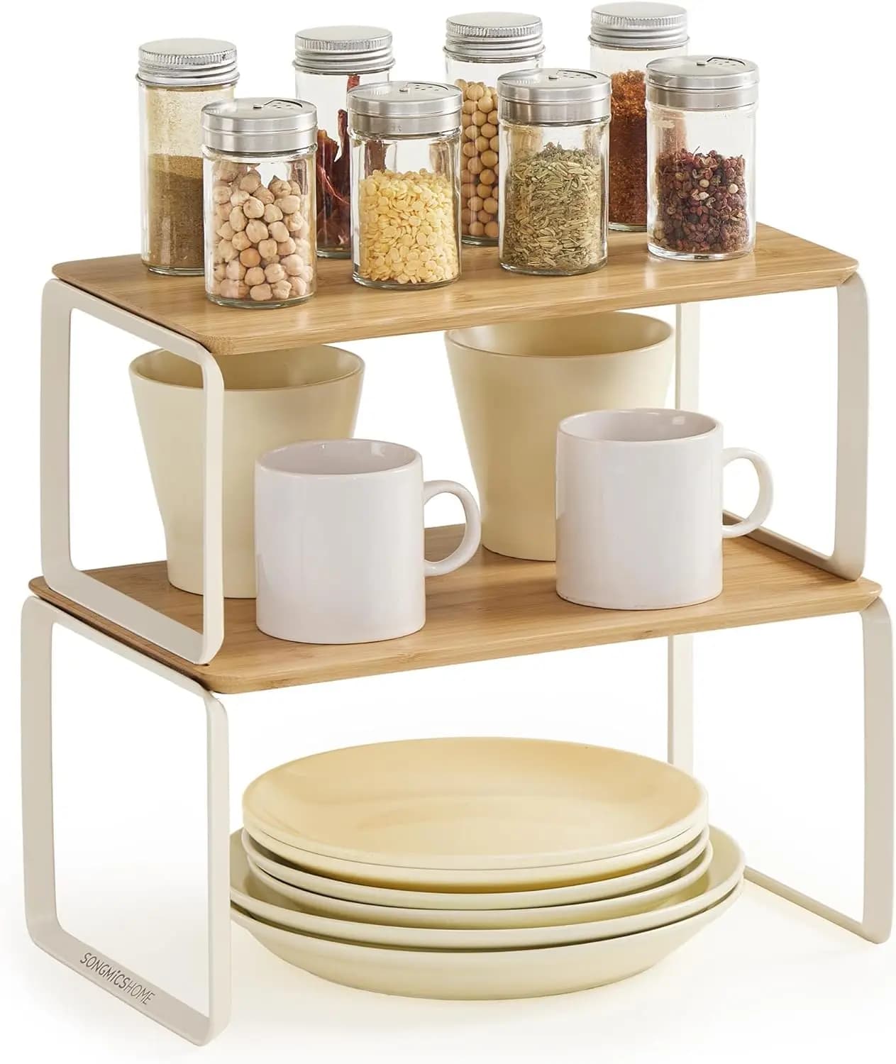 Set di 2 Mensole Espandibili per Cucina, Organizzatore Impilabile in Bambù per Spezie e Stoccaggio