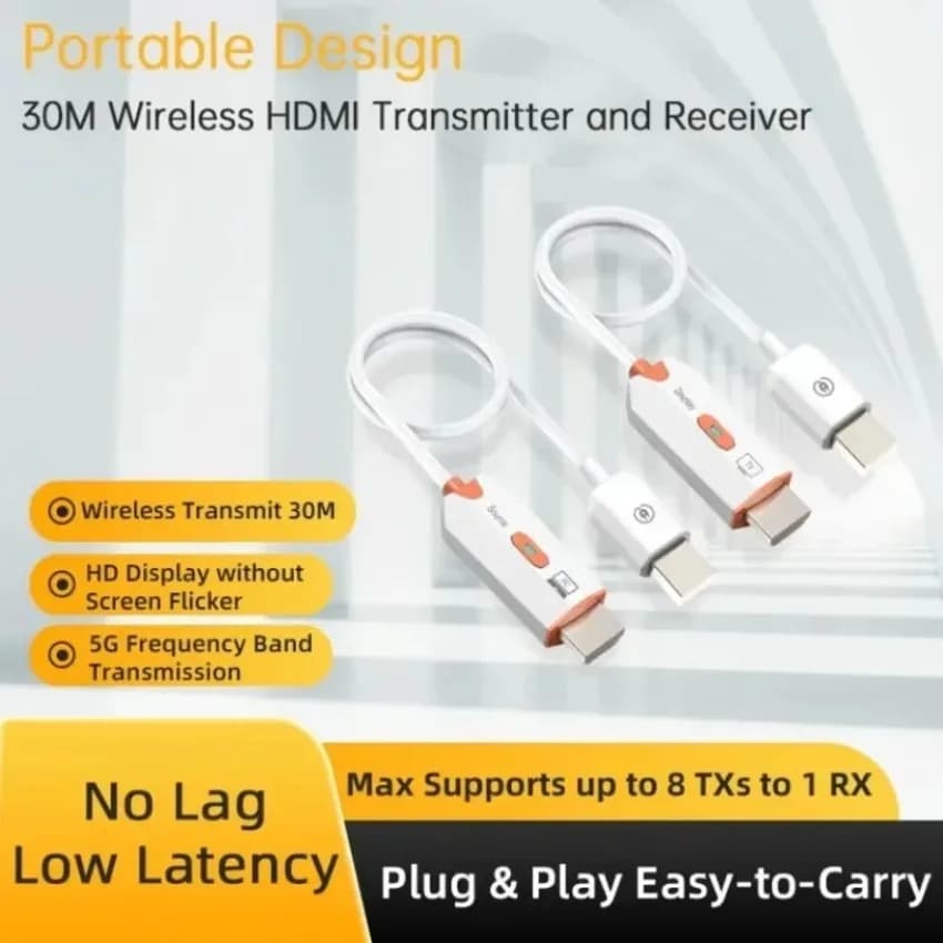 30M Wireless Video Extender Orange 1080P Transmitter Receiver Screen Casting Wired Plug and Play for Tv Monitor Laptop Pc