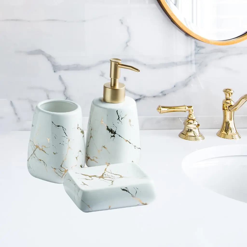 Bath Bathroom Counter Accessories Kit CERAMIC Marble Pattern Lotion Dispenser Soap Dish, Durable Construction