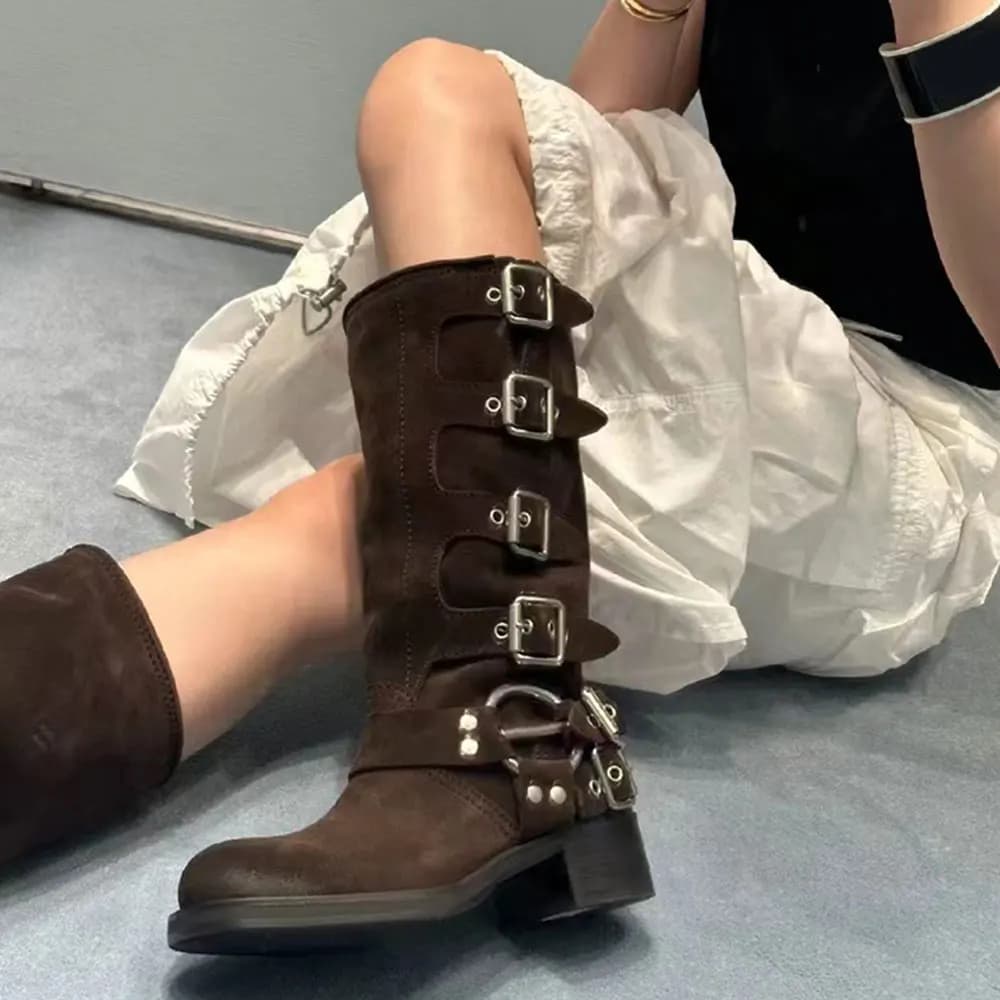 Brand new motorcycle boots Wasteland Vintage y2k style Maillard straps with brown buckle high knee boots women's cowboy shoes