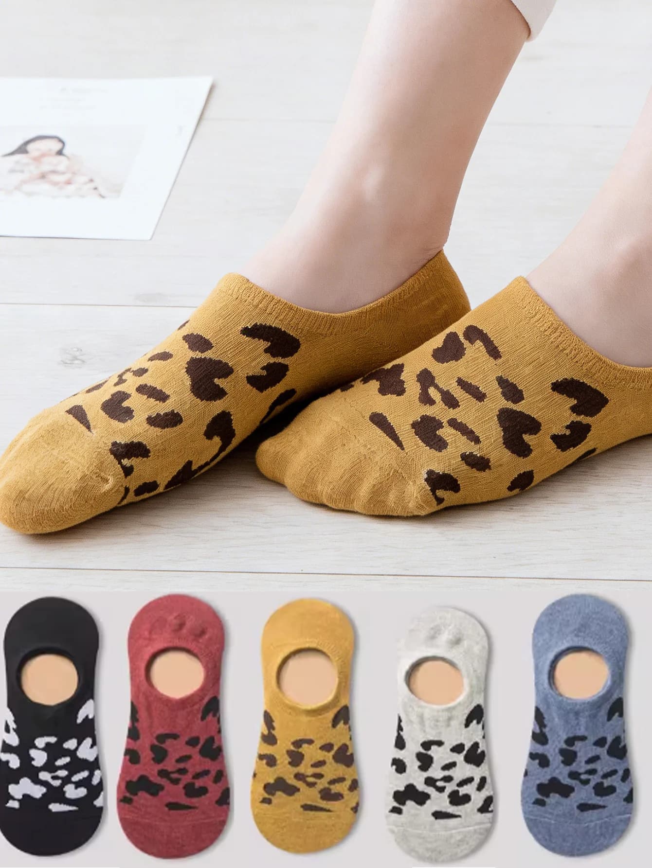 1/5 paia di calzini da donna con stampa leopardata, invisibili, alla caviglia | Opzioni Multicolore | Design Antiscivolo in Silicone | Carino e Casual per Tutti i Giorni
