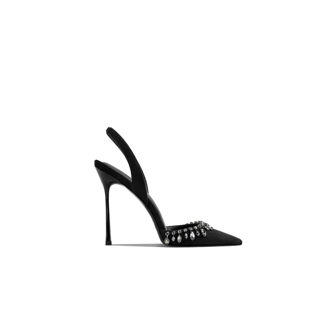 Spring Summer New Women's Black Rhinestone Pointed Toe Thin Heel Backless Open Heel Sandals Elegant Niche Versatile