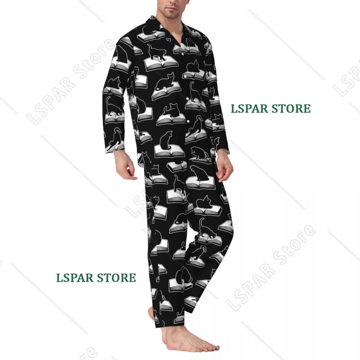 Pajamas Mens Library Cat Leisure Nightwear Black Cats And Books 2 Piece Casual Pajama Set Long Sleeves Warm Oversized Home Suit