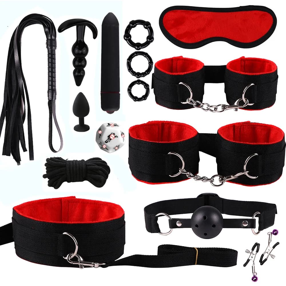 SM Fetish BDSM Bondage Set for Women Erotic Toy Restraint Kit with Handcuffs Whip Anal Plug Vibrator Couple's Sexy Tool Kit