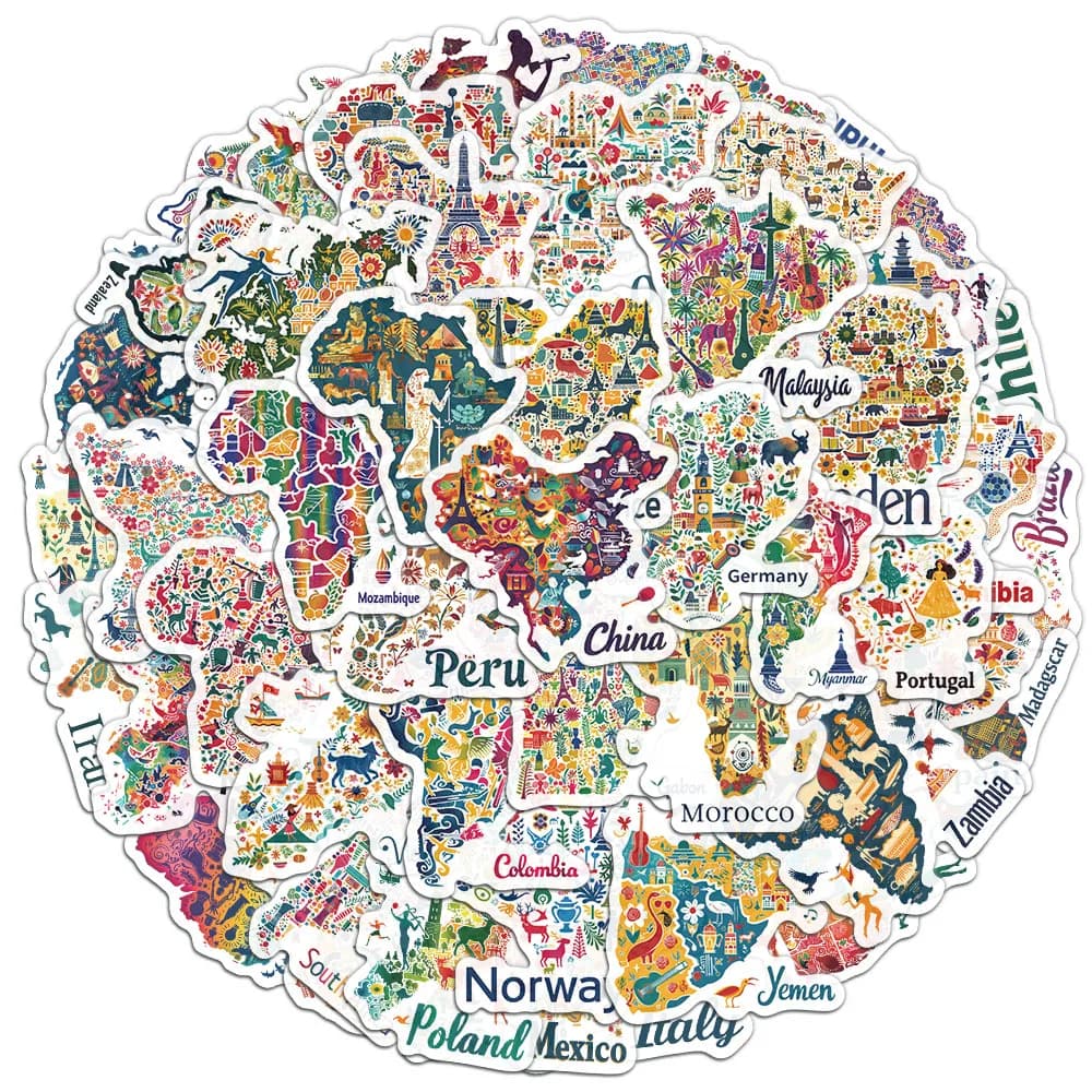 50 pezzi non ripetitivi transfrontalieri nuova mappa nazionale adesivi per conti a mano adesivi impermeabili a mano per notebook fai da te