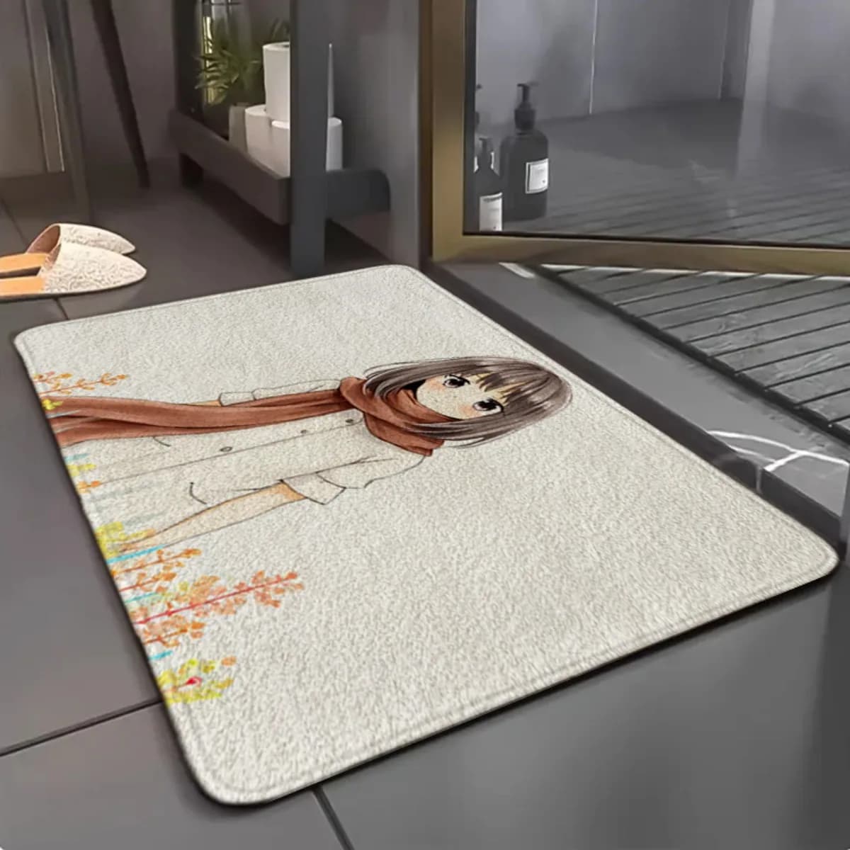 Tappetino da Bagno con Personaggio Anime Manga - Morbido Tappeto Rettangolare Beige in Flanella Antiscivolo per Bagno, Lavabile in Lavatrice, Stile Giapponese