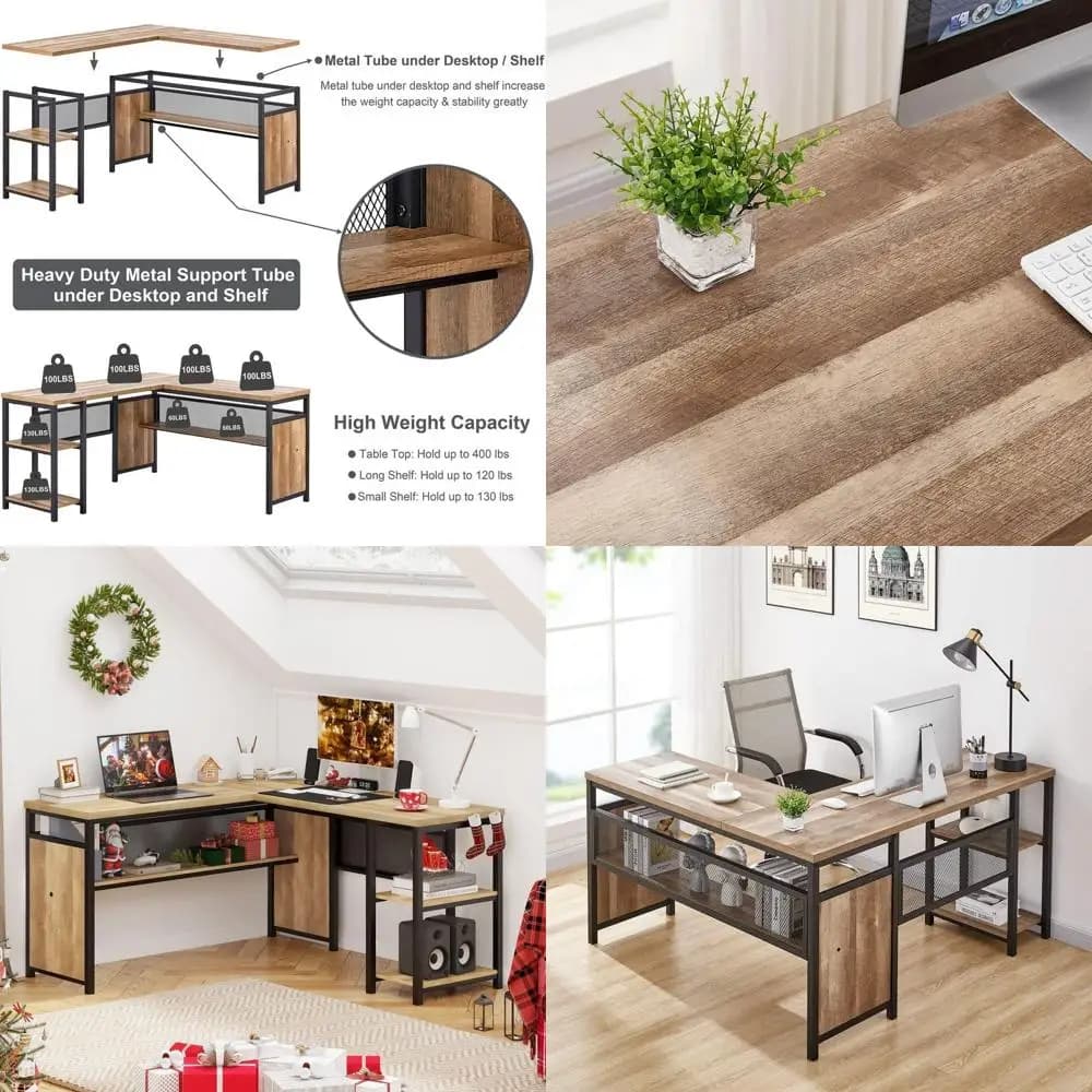 Scrivania a L con ripiani in legno, scrivania industriale rustica per ufficio domestico con gambe in metallo (rovere rustico, 150 cm)