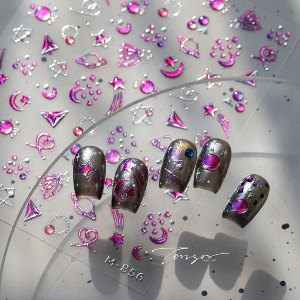 1 pz 5d in rilievo stella luna pianeta adesivo per unghie viola cielo illuminato astratto decalcomanie per unghie artistiche autoadesive cursori per manicure da sogno