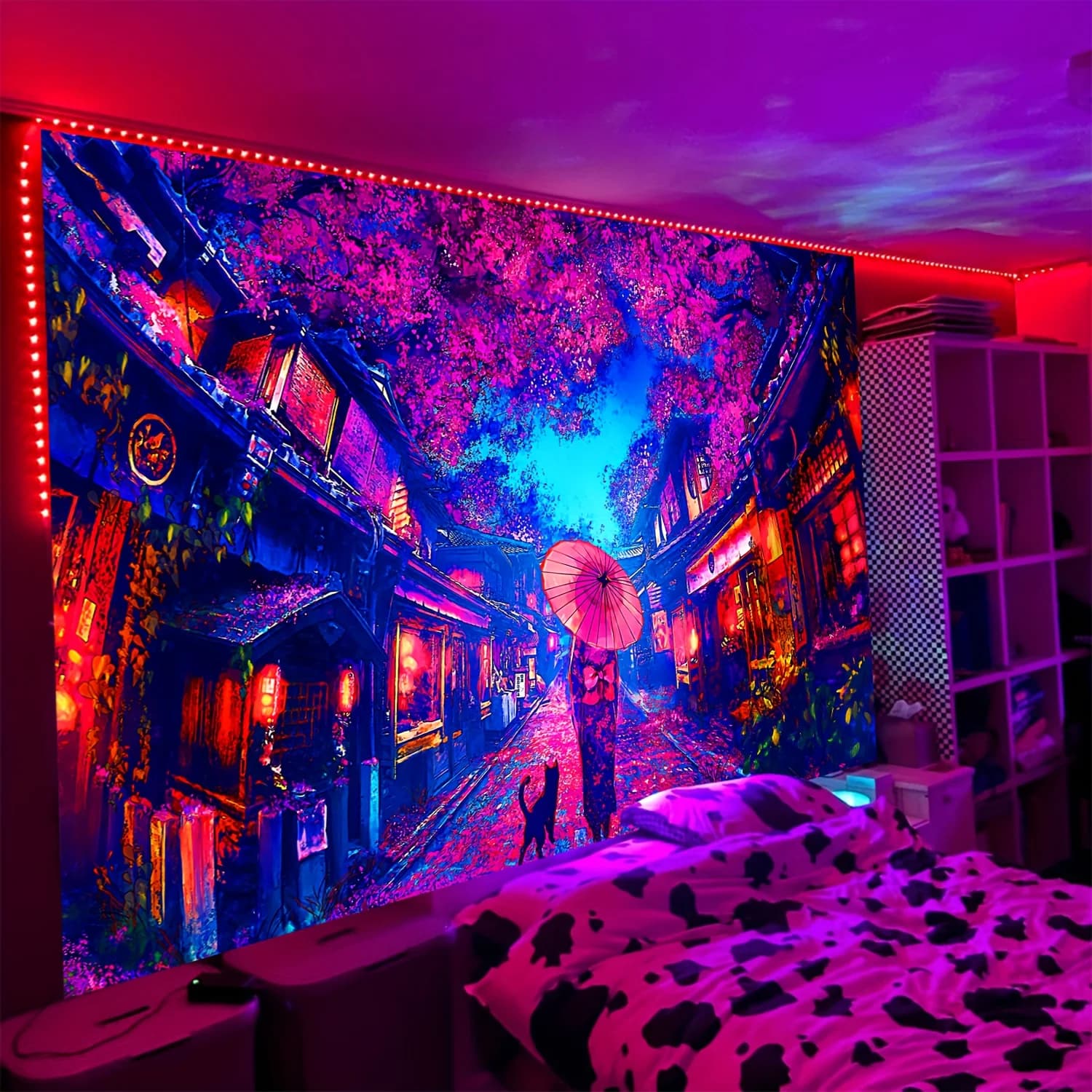 VIKAMA Cyber Neon Cherry Blossom Street Tapestry Background Cloth, Atmospheric Decorative Wall Cloth for Room Decoration