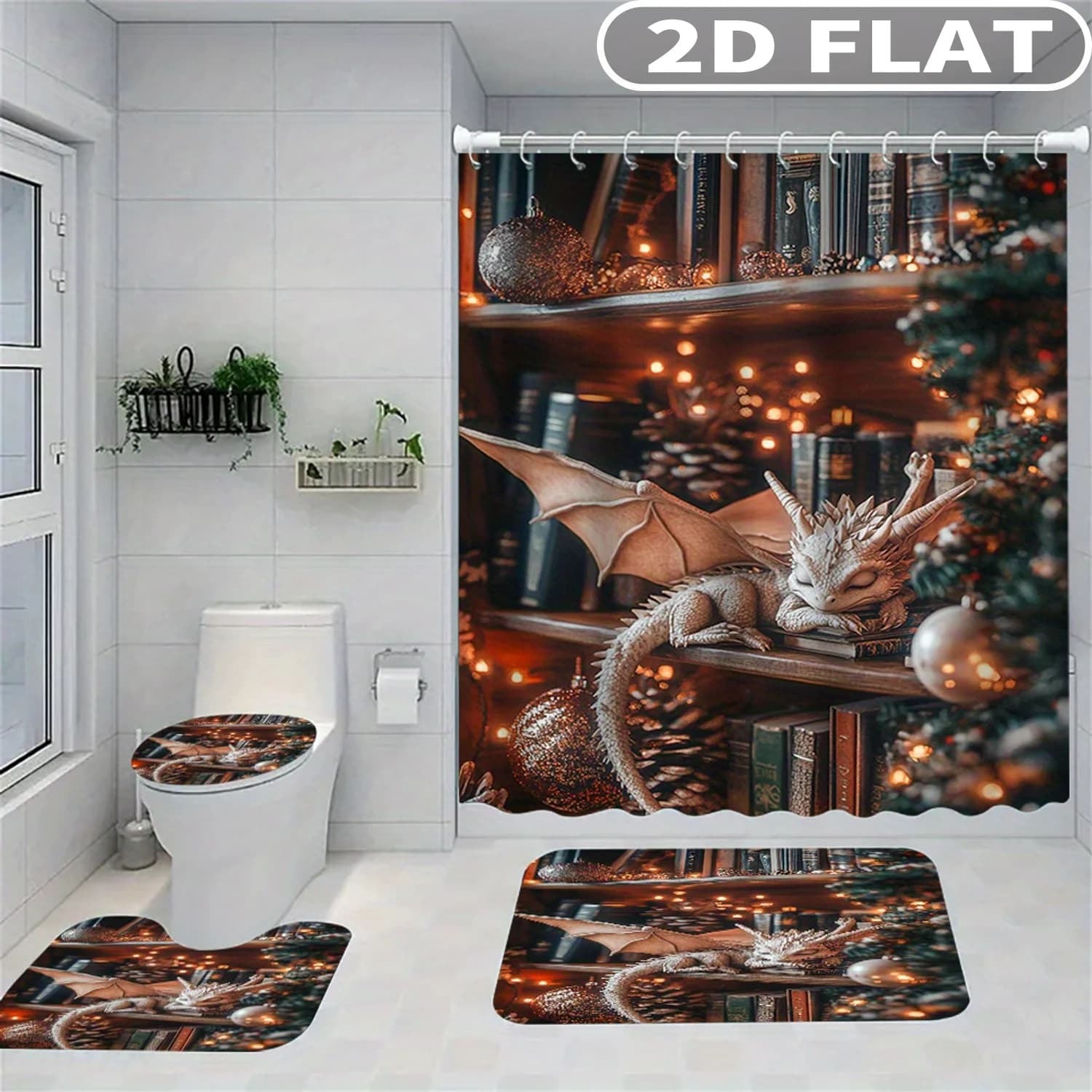 Set Tenda Doccia con Motivo Luci Natalizie a Forma di Drago 2D, 1 Pezzo/4 Pezzi, Accessori con Tappetino da Bagno, Tappetino a U, Tappetino per WC
