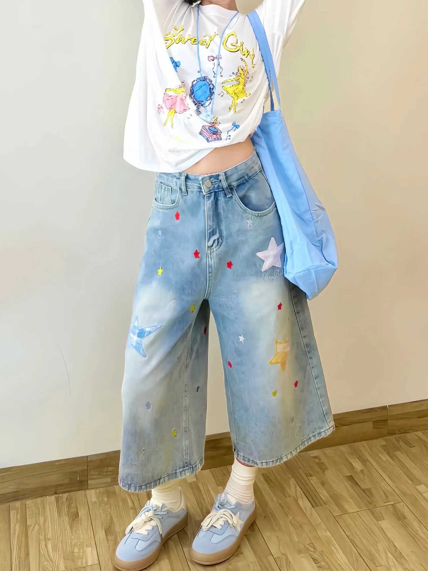 Summer 2026 High Waist Slim Fit Star Pattern Dopaamine Style Seven Inch Jeans Retro Straight Leg Thin Denim Pants for Women