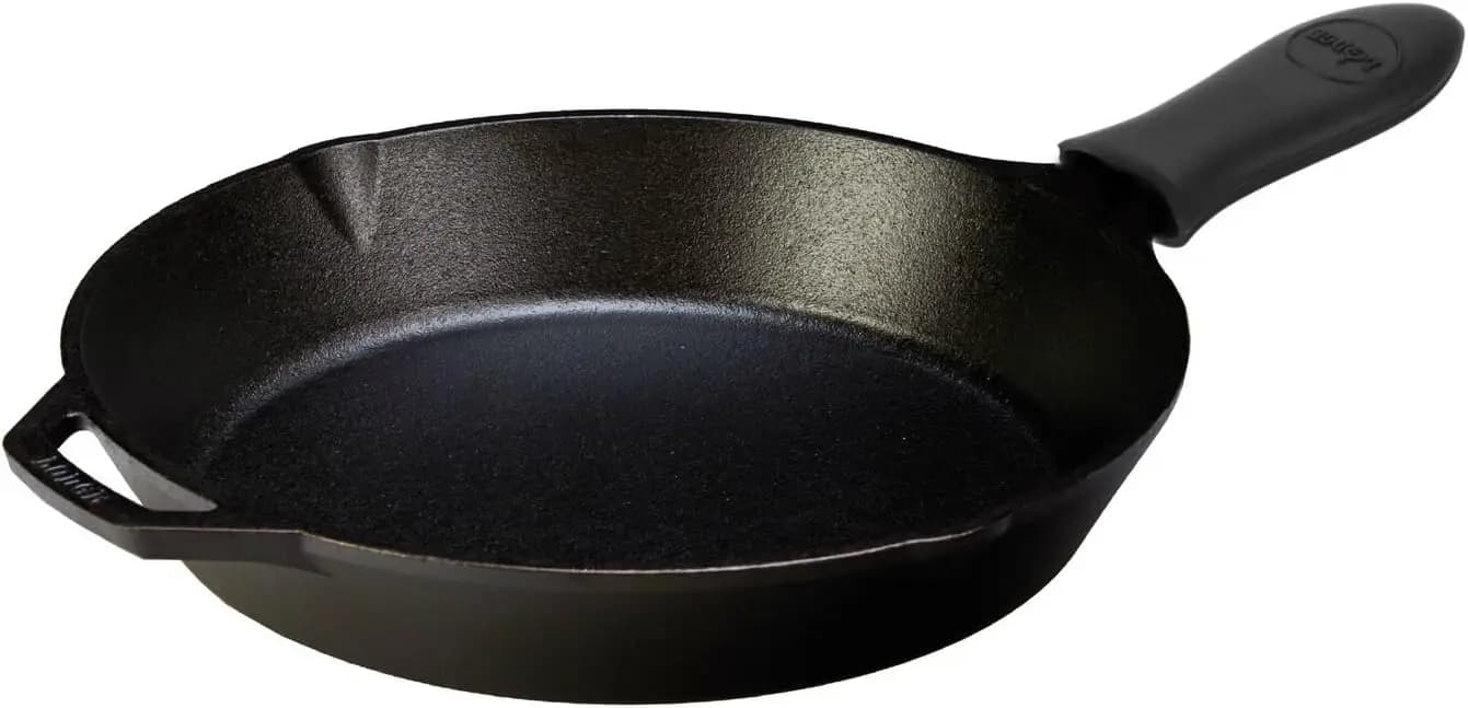 Padella in Ghisa Temperata da 12 Pollici con Supporto in Silicone per Manico Caldo - Padella Nera Resistente per Cottura Uniforme