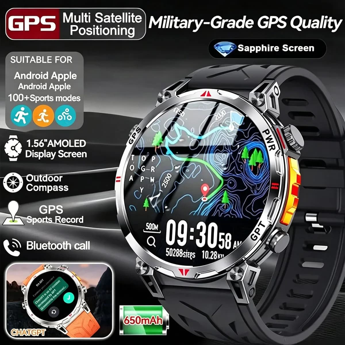 Men's Military Ultra GPS SmartWatch 5ATM Waterproof with Compass Altimeter Barometer 650mAh Sports Fitness Tracker
