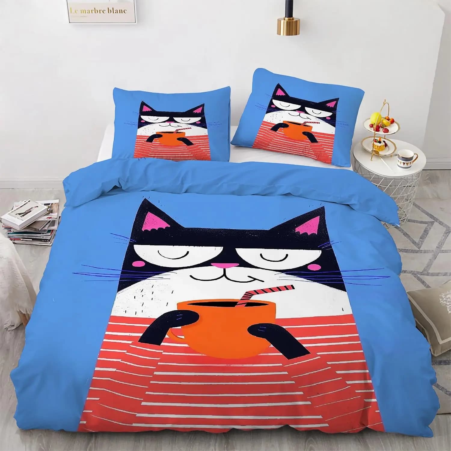 Anime Cat Duvet Cover Set Cartoon Bedding Set with 2 Pillowcases Zipper Closure 3-Piece Quilt Cover For Kids Girls Toddler