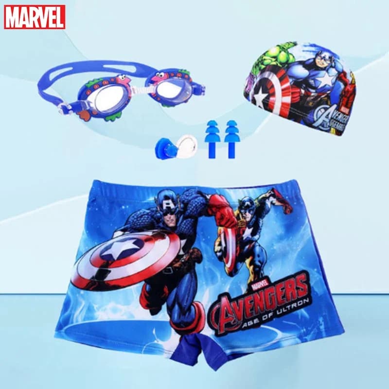 Marvel Iron Man Baby Boy Swimwear Pants Cap Set Kid swimsuit Cartoon Summer Shorts Spiderman kids swimwear glasses