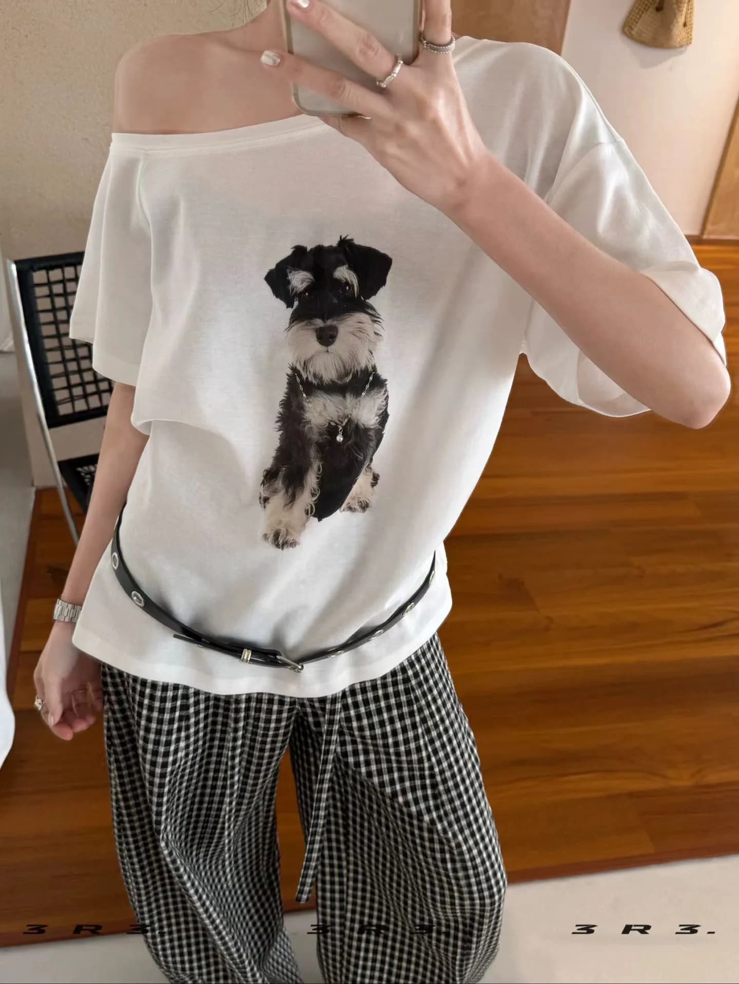 Summer New American Retro Dog Print Short Sleeve T-Shirt Women's Oblique Collar Shoulder Exposure Loose Top Casual Style