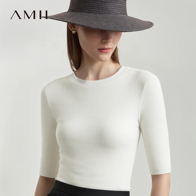 Maglione da Donna Amii 2026 Primavera Nuovo in Cotone Versatile Girocollo Lavorato a Maglia Slim a Tre Quarti 12641132