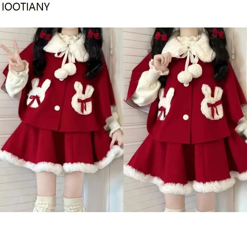 Autunno e inverno Natale rosso dolce mantella in pizzo cappotto gonna corta donna fiocco Kawaii abito caldo colletto per bambola set monopetto in pizzo