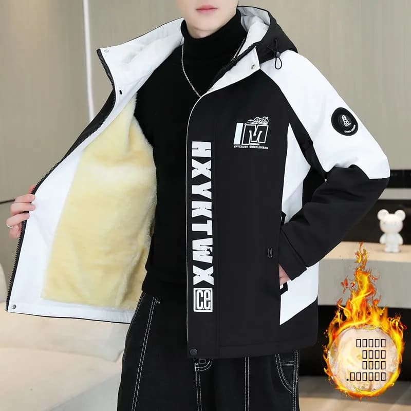 Men's Fleece Lined Thickened Autumn Winter Workwear Jacket Hooded Windproof Youth Fashion Cotton Coat Warm Outerwear