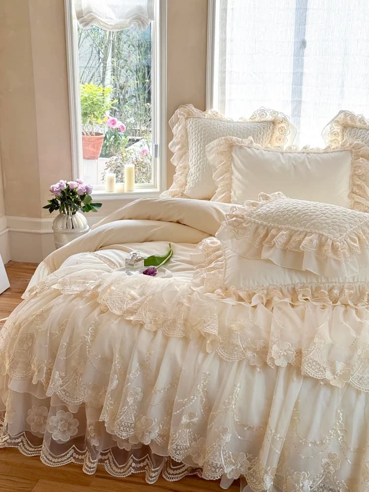 Long Fiber White Cotton Bed Linen Set Four Pieces Princess Style With Lace Edge Copriletto Copripiumino for Girls
