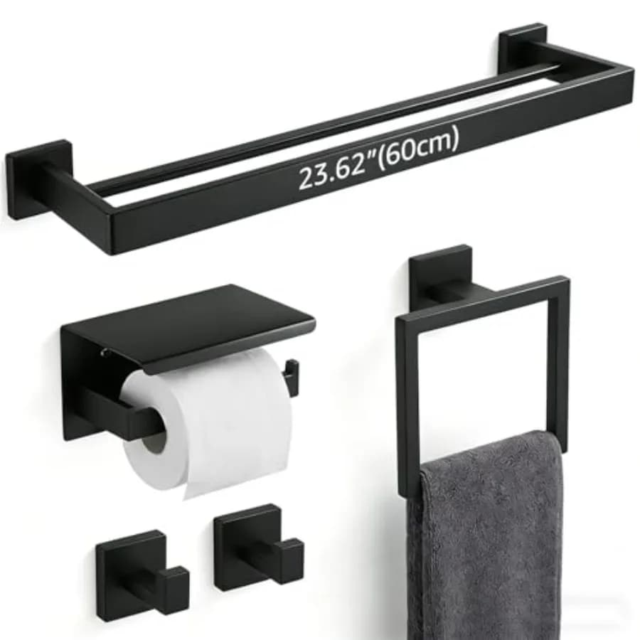 Set di accessori per il bagno: set di 5 accessori da parete con portasciugamani doppio da 23,6 pollici e mensola porta carta igienica, in acciaio inossidabile SUS304
