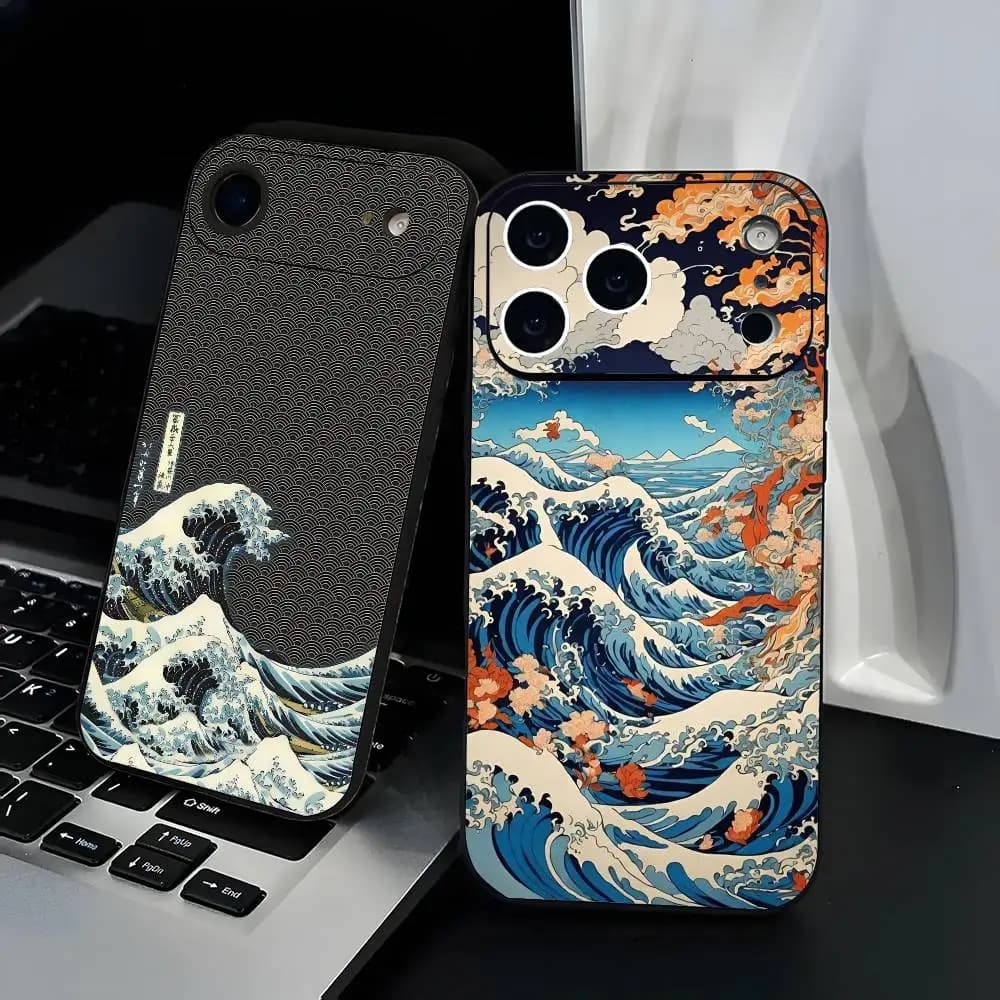 Custodia per telefono Anime Great Wave Kanagawa Custodia per telefono in TPU satinato nero moda per iPhone 12-17. Design verniciato a spruzzo UV