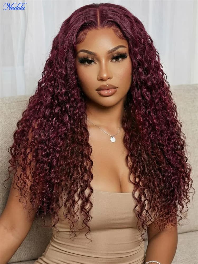 Nadula 13x4 99J Burgundy Water Wave Glueless Wig 100% Human Hair Bye Bye Slip Put On and Go Brazilian Lace Frontal Wig Pre Cut Lace Pre Bleached Tiny Knots Drawstring Human Hair Wig
